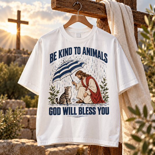 Be Kind to Animals God Will Bless You T-Shirt, Jesus Cat Christian Shirt, Animal Lover Faith Tee, Christian Pet Lover Gift, Bible Inspired Shirt