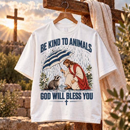 Be Kind to Animals God Will Bless You T-Shirt, Jesus Raccoon Christian Shirt, Animal Lover Faith Tee, Christian Wildlife Gift