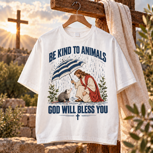 Be Kind To Animals God Will Bless You T-Shirt – Jesus & Opossum Christian Shirt, Be Kind To Animals Christian Tee