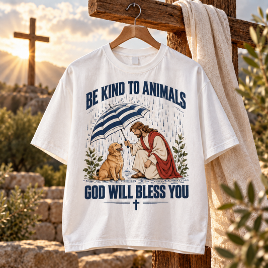Be Kind To Animals God Will Bless You T-Shirt – Jesus & Dog Christian Shirt, Kind To Animals Christian Gift