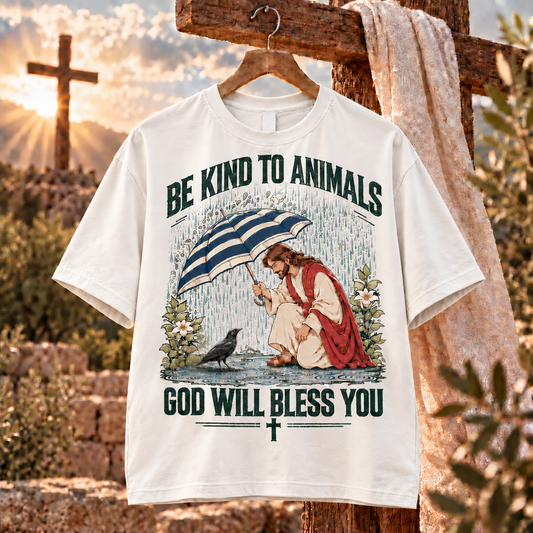 Be Kind to Animals Christian T-Shirt – Jesus with Raven Faith Shirt, God Will Bless You Religious Tee, Christian Animal Lover Gift