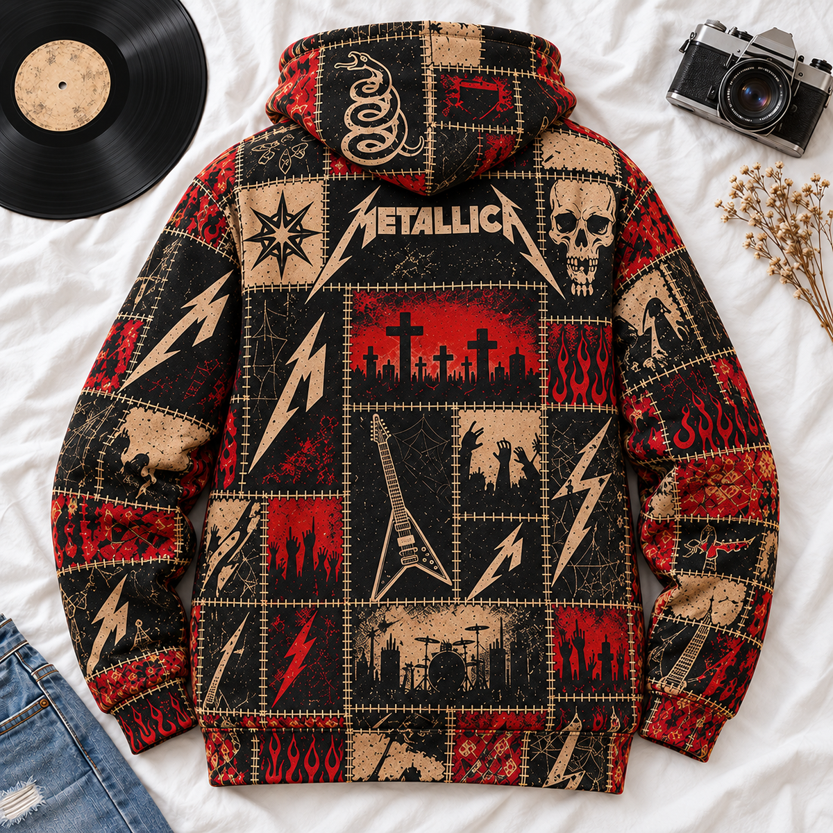 Metallica Patchwork Hoodie – Vintage Heavy Metal Graphic Pullover, And Justice for All Inspired Sweatshirt, Retro Thrash Metal Fan Gift, Unisex Rock Hoodie