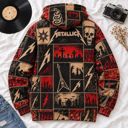 Metallica Patchwork Hoodie – Vintage Heavy Metal Graphic Pullover, And Justice for All Inspired Sweatshirt, Retro Thrash Metal Fan Gift, Unisex Rock Hoodie