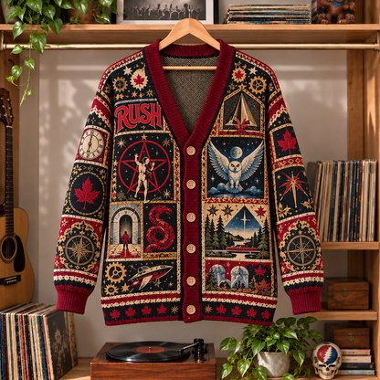 Rush Retro Rock Knit Cardigan - Vintage Style Prog Rock Button Down Sweater, Unique 2112 Fly By Night Band Merchandise Fan Outfit