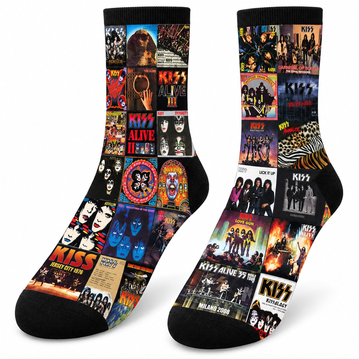 KISS Middle Tube Socks - Hard Rock & Glam Metal Album Cover Grid Collage Mid-Calf Crew Socks for Men & Women Music Gift