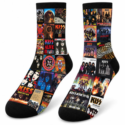 KISS Middle Tube Socks - Hard Rock & Glam Metal Album Cover Grid Collage Mid-Calf Crew Socks for Men & Women Music Gift