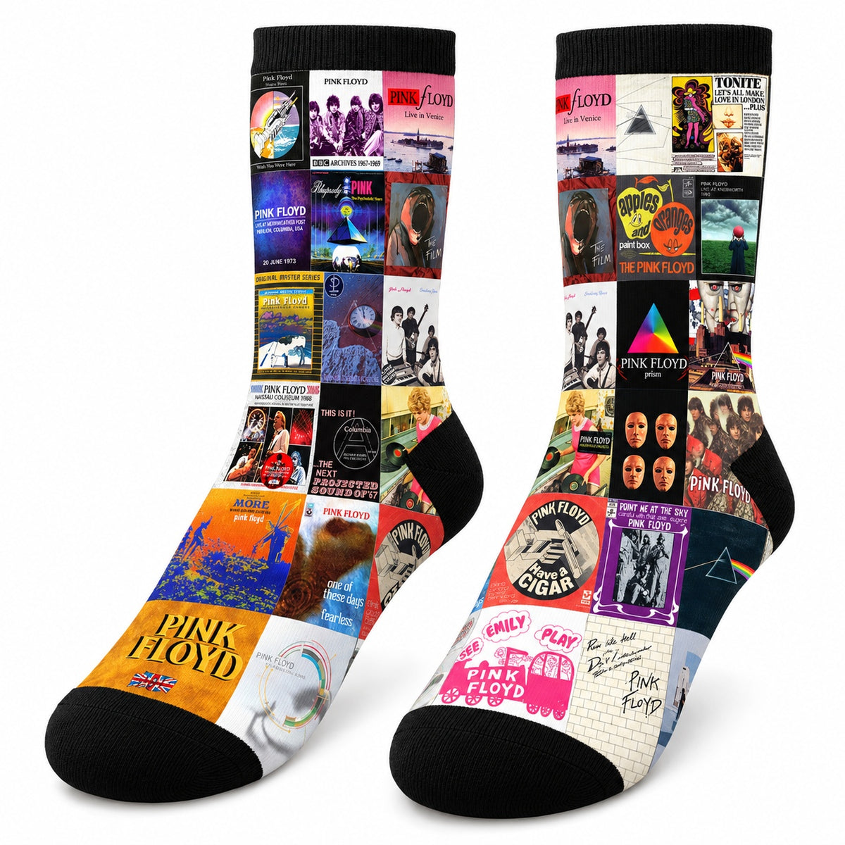 Pink Floyd Middle Tube Socks - Progressive Rock & Psychedelic Album Cover Grid Collage Mid-Calf Crew Socks for Men & Women Music Gift