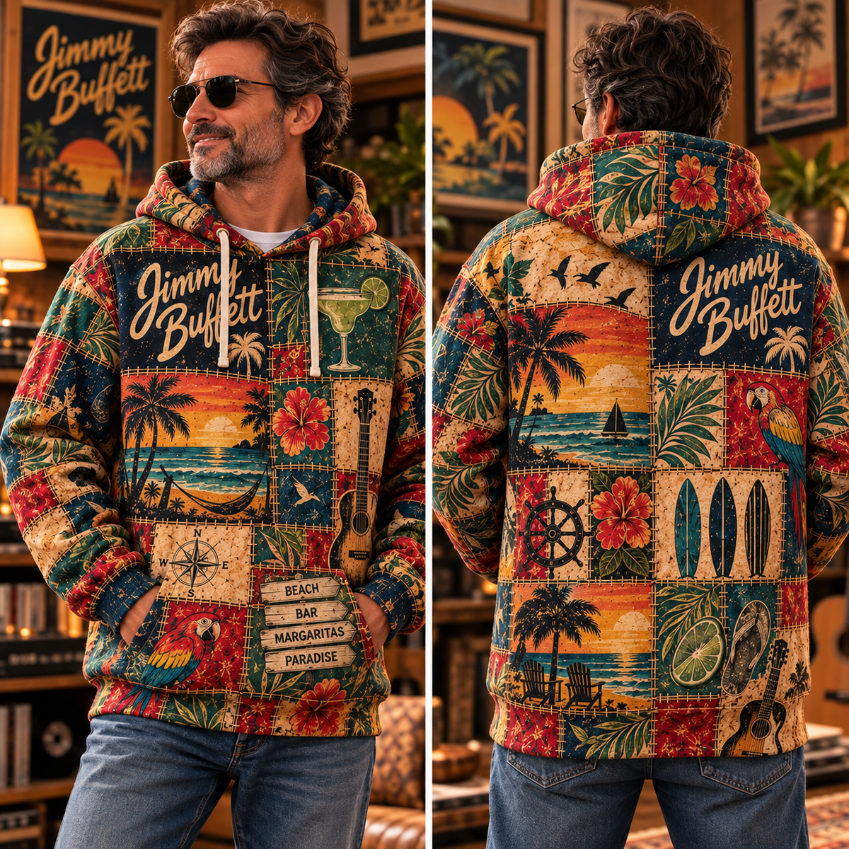 Jimmy Buffett Patchwork Hoodie – Vintage Tropical Beach Graphic Pullover, Margaritaville Paradise Hoodie, Retro Parrothead Fan Gift