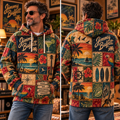 Jimmy Buffett Patchwork Hoodie – Vintage Tropical Beach Graphic Pullover, Margaritaville Paradise Hoodie, Retro Parrothead Fan Gift