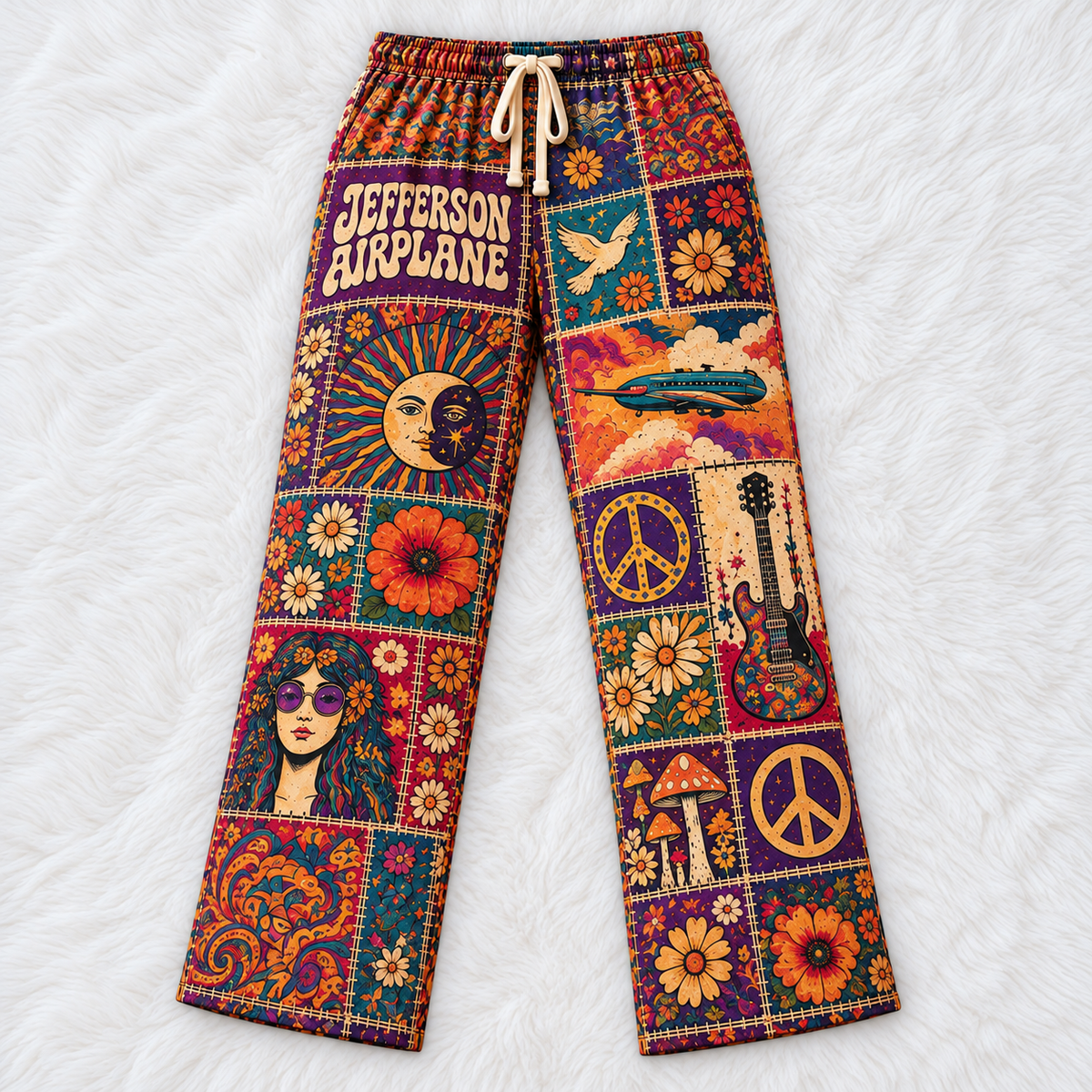 Jefferson Airplane Pajama Pants - Patchwork Psychedelic Rock Art Sleepwear | Music Fan Lounge Pants