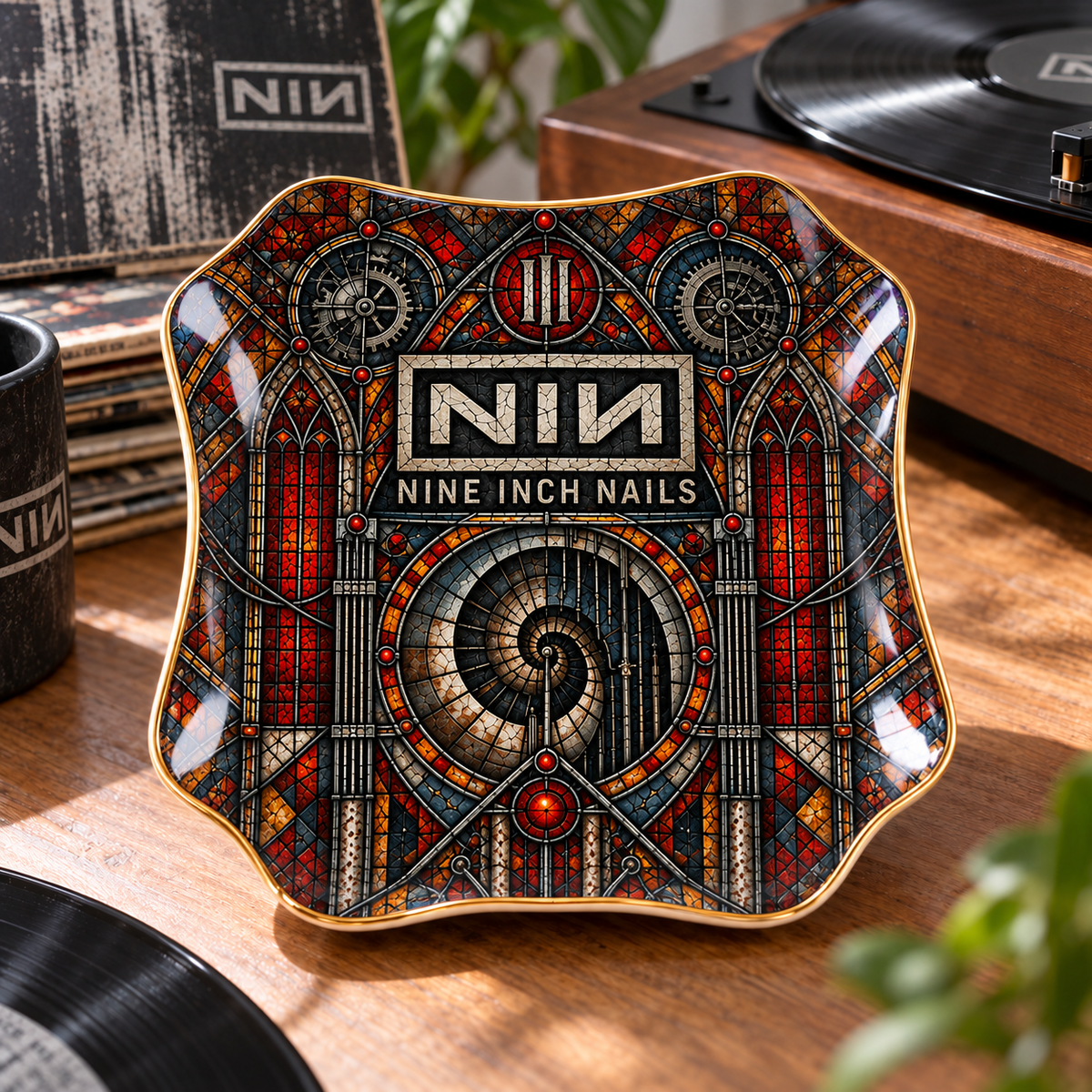 Nine Inch Nails Ceramic Ring Dish - Industrial Rock Stained Glass Jewelry Tray, NIN Spiral Trinket Dish Fan Gift
