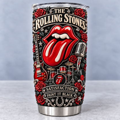 The Rolling Stones 3D Printed Tumbler - 20oz Stainless Steel Insulated Travel Coffee Mug with Lid - Classic Rock Band Music Merchandise Gift