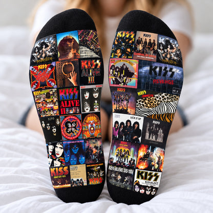 KISS Middle Tube Socks - Hard Rock & Glam Metal Album Cover Grid Collage Mid-Calf Crew Socks for Men & Women Music Gift