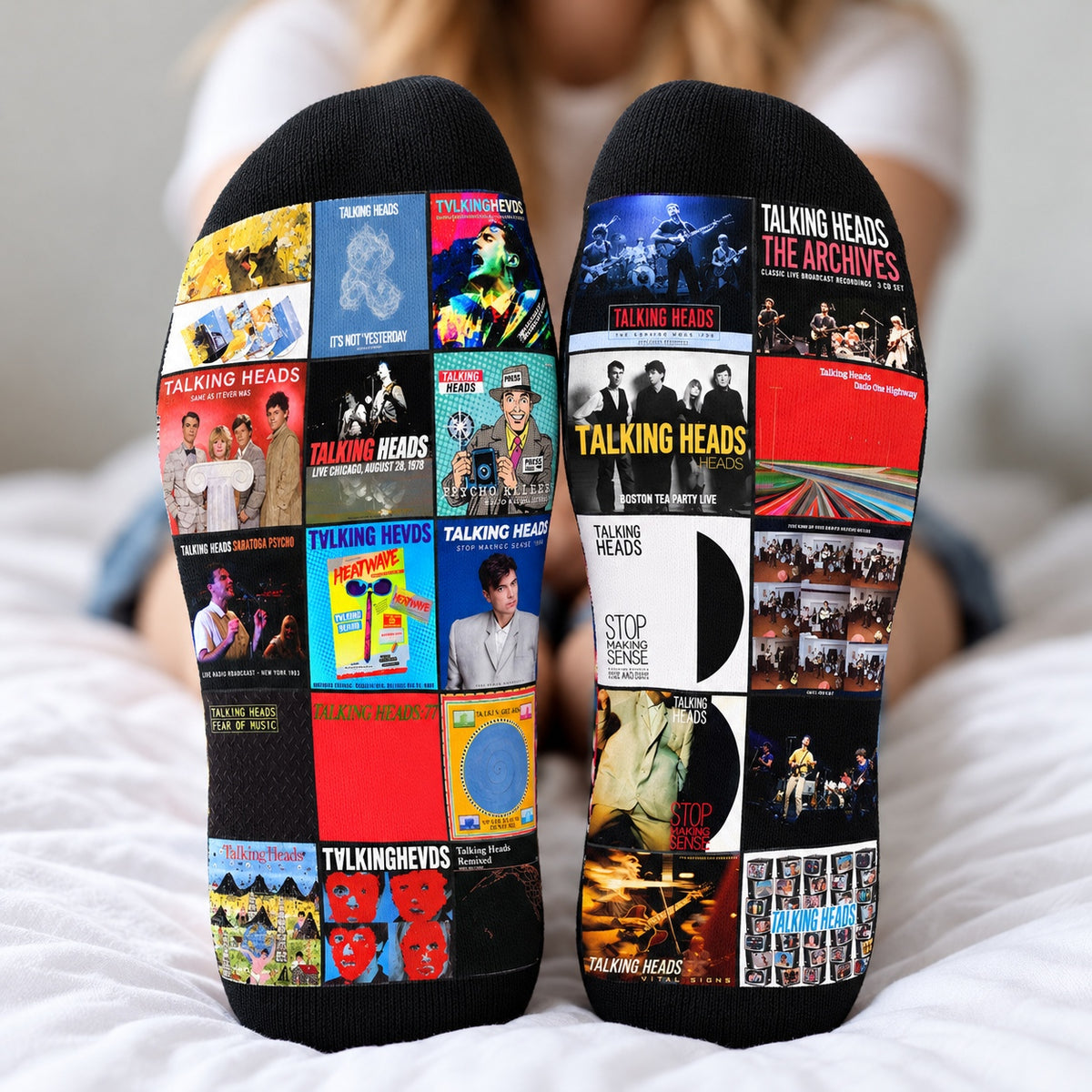 Talking Heads Middle Tube Socks - New Wave & Post-Punk Album Cover Grid Collage Mid-Calf Crew Socks for Men & Women Music Gift