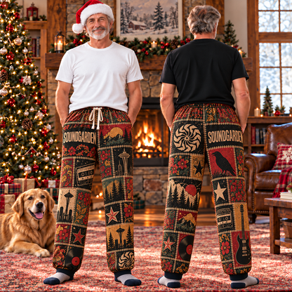 Soundgarden Pajama Pants - Retro Patchwork Cassette Tape, Vinyl Record & Pacific Northwest Forest Art Sleepwear - Comfortable Pajama Pants for Music Fans