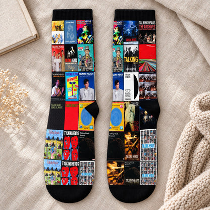 Talking Heads Middle Tube Socks - New Wave & Post-Punk Album Cover Grid Collage Mid-Calf Crew Socks for Men & Women Music Gift