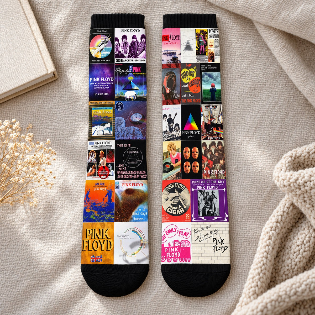 Pink Floyd Middle Tube Socks - Progressive Rock & Psychedelic Album Cover Grid Collage Mid-Calf Crew Socks for Men & Women Music Gift