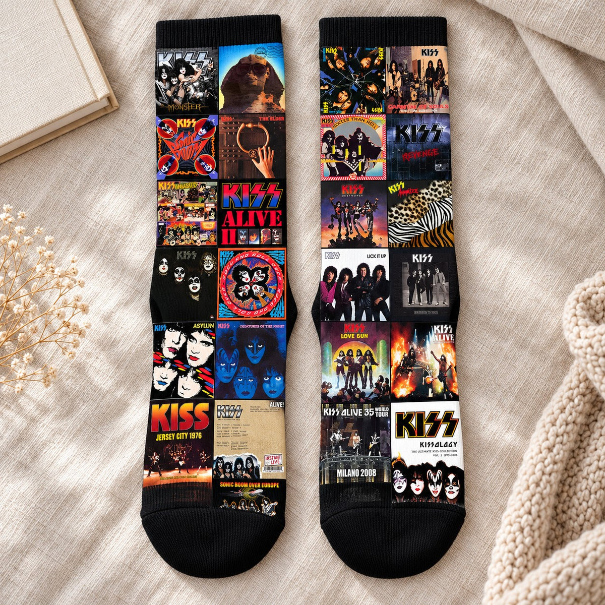 KISS Middle Tube Socks - Hard Rock & Glam Metal Album Cover Grid Collage Mid-Calf Crew Socks for Men & Women Music Gift
