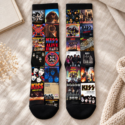 KISS Middle Tube Socks - Hard Rock & Glam Metal Album Cover Grid Collage Mid-Calf Crew Socks for Men & Women Music Gift