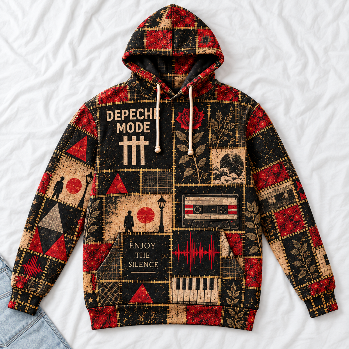 Depeche Mode Patchwork Hoodie – Vintage Synth Pop Graphic Pullover, Enjoy the Silence Retro Music Hoodie, Depeche Mode Fan Gift