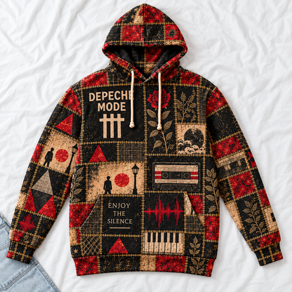 Depeche Mode Patchwork Hoodie – Vintage Synth Pop Graphic Pullover, Enjoy the Silence Retro Music Hoodie, Depeche Mode Fan Gift