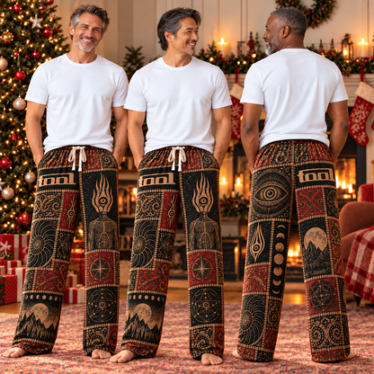 Tool Patchwork Pajama Pants - Vintage Progressive Metal Art Pants with Elastic Waistband, Adjustable Drawstring & Two Side Pockets