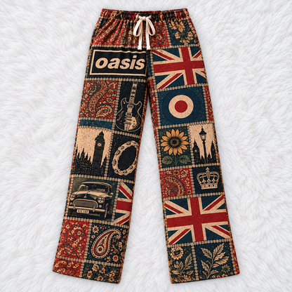 Oasis Classic Britpop Lounge Pants - Retro Patchwork London Skyline, Classic Mini Car & Mod Target Art Sleepwear