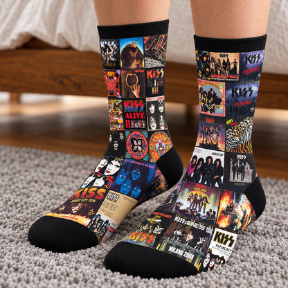 KISS Middle Tube Socks - Hard Rock & Glam Metal Album Cover Grid Collage Mid-Calf Crew Socks for Men & Women Music Gift