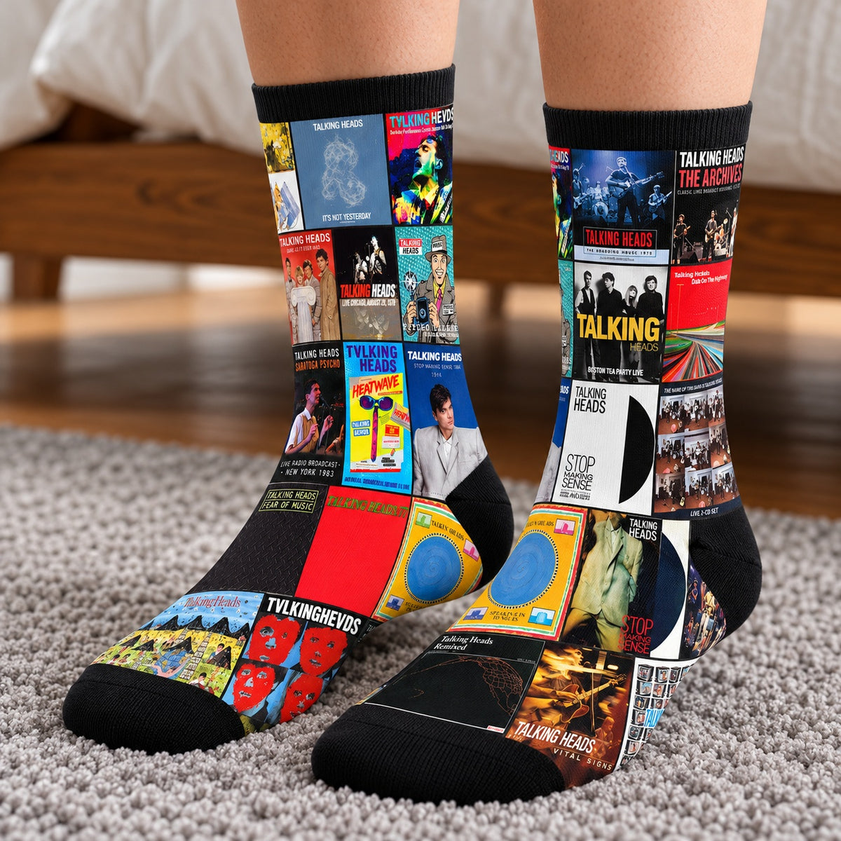 Talking Heads Middle Tube Socks - New Wave & Post-Punk Album Cover Grid Collage Mid-Calf Crew Socks for Men & Women Music Gift