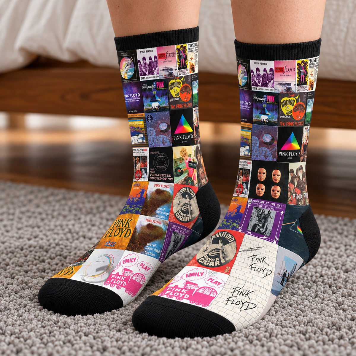 Pink Floyd Middle Tube Socks - Progressive Rock & Psychedelic Album Cover Grid Collage Mid-Calf Crew Socks for Men & Women Music Gift