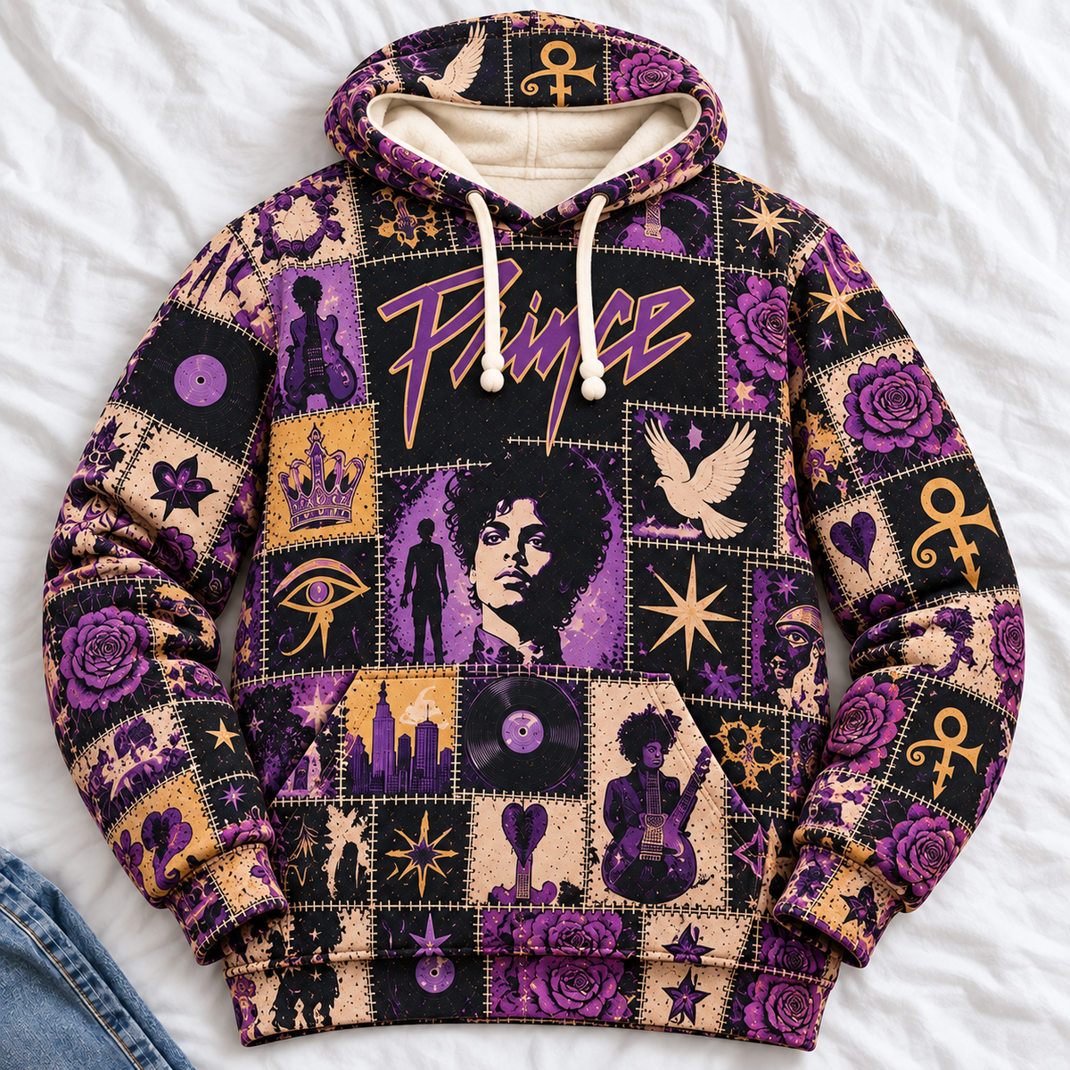 Prince Patchwork Hoodie – Vintage Purple Rain Graphic Pullover, Retro 80s Funk Rock Sweatshirt, Purple and Gold Music Hoodie