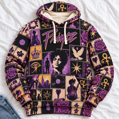 Prince Patchwork Hoodie – Vintage Purple Rain Graphic Pullover, Retro 80s Funk Rock Sweatshirt, Purple and Gold Music Hoodie