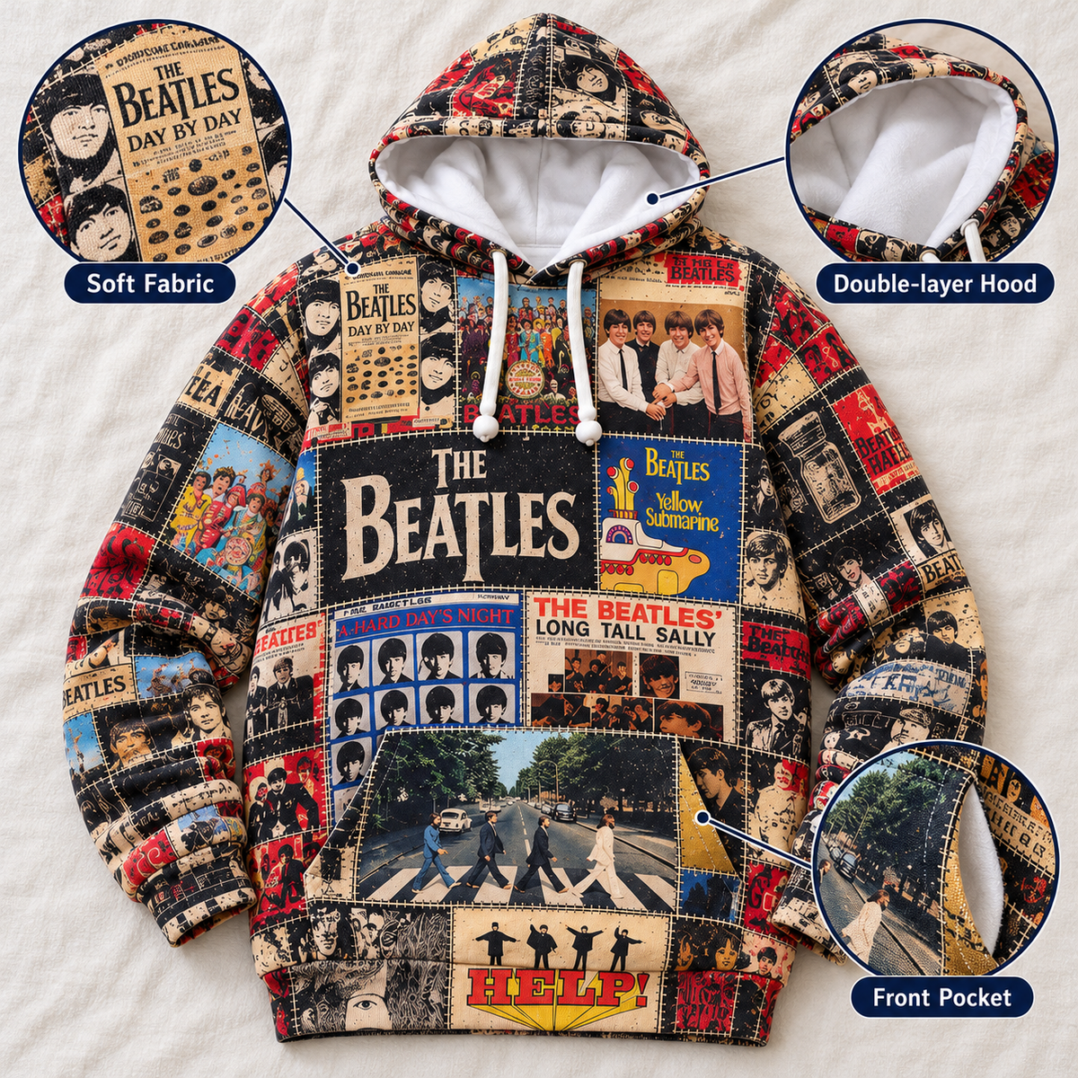 The Beatles Album Covers Patchwork Hoodie – Vintage 60s Rock Band Graphic Pullover, Abbey Road & Yellow Submarine Design, Retro Beatles Album Collage Sweatshirt,
