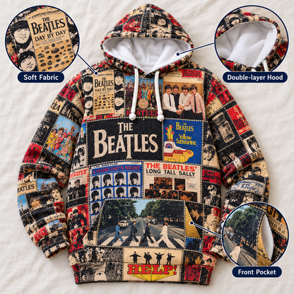 The Beatles Album Covers Patchwork Hoodie – Vintage 60s Rock Band Graphic Pullover, Abbey Road & Yellow Submarine Design, Retro Beatles Album Collage Sweatshirt,