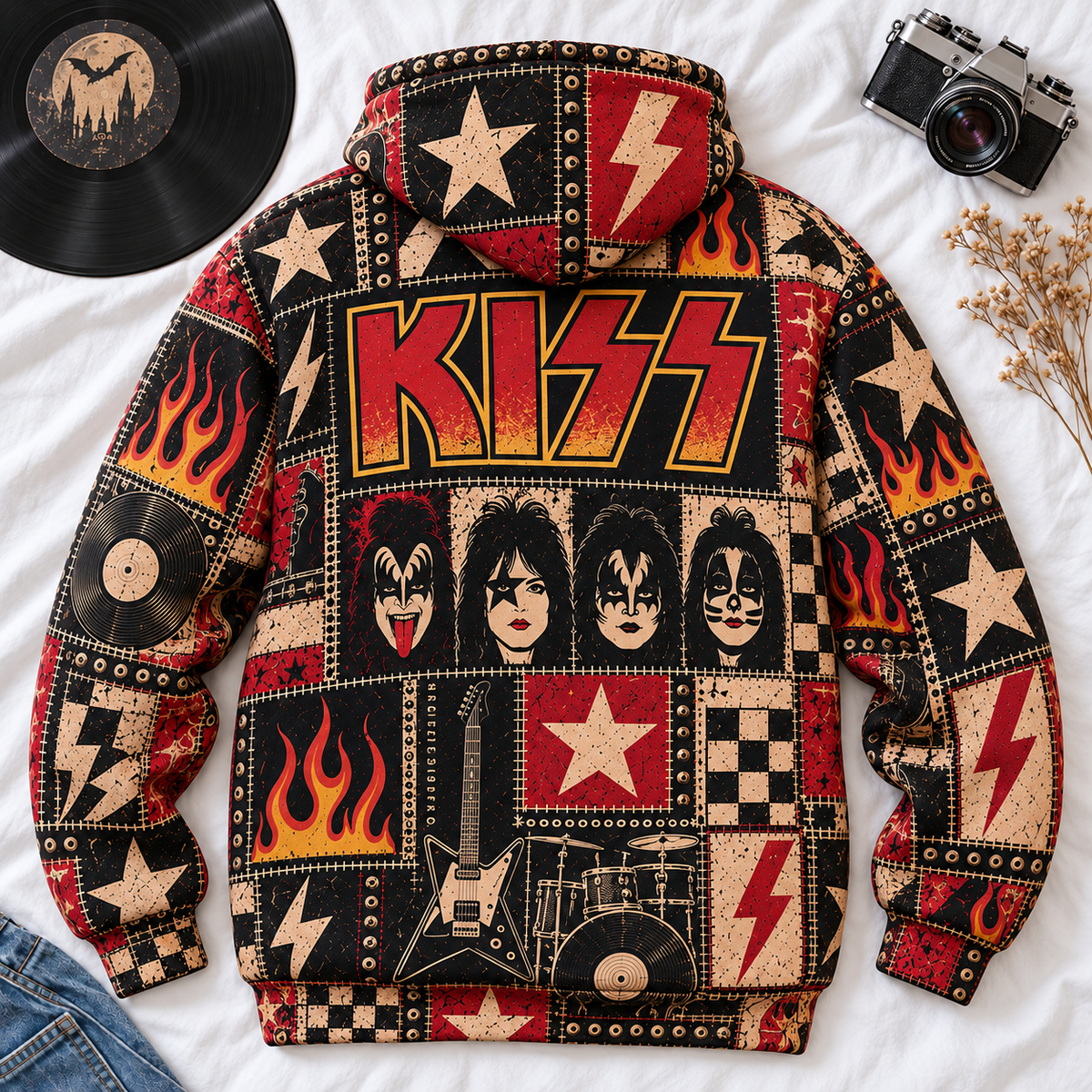 KISS Patchwork Hoodie – Vintage Rock Band Graphic Pullover, Retro 70s Hard Rock Flame & Lightning Design, KISS Army Fan Gift, Unisex Sweatshirt