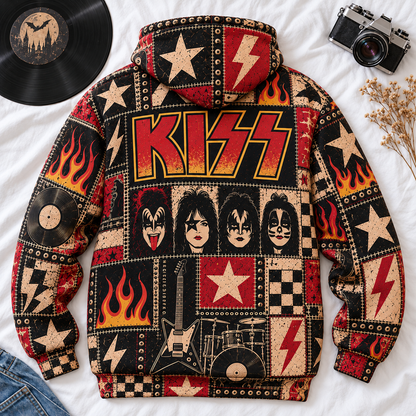 KISS Patchwork Hoodie – Vintage Rock Band Graphic Pullover, Retro 70s Hard Rock Flame & Lightning Design, KISS Army Fan Gift, Unisex Sweatshirt