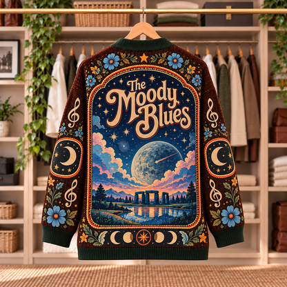 The Moody Blues Patchwork Cardigan - Casual Button Sweater, Celestial Airship Prog Rock Music Fan Gift