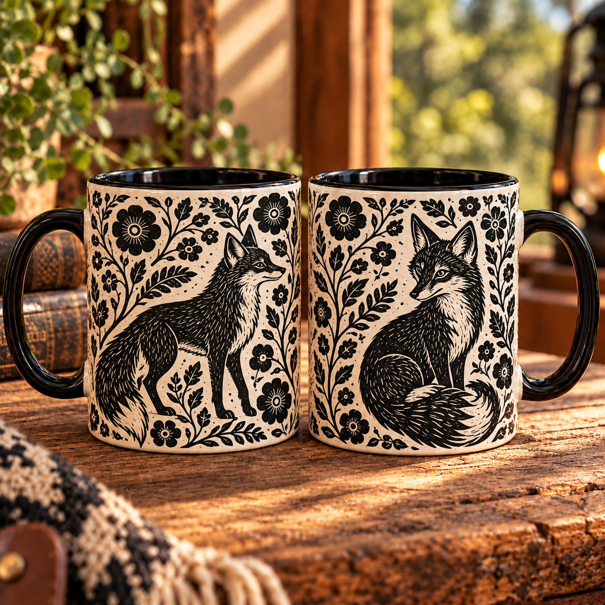 Fox Botanical Linocut Ceramic Mug - Aesthetic Black & White Forest Animals Coffee Cup Home Decor