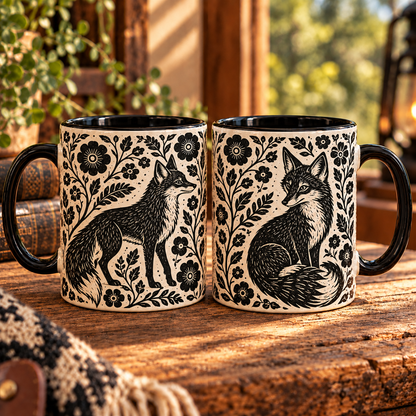Fox Botanical Linocut Ceramic Mug - Aesthetic Black & White Forest Animals Coffee Cup Home Decor