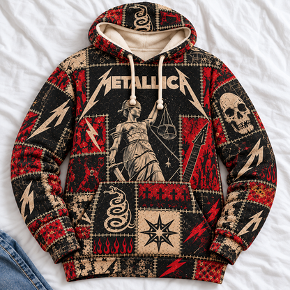 Metallica Patchwork Hoodie – Vintage Heavy Metal Graphic Pullover, And Justice for All Inspired Sweatshirt, Retro Thrash Metal Fan Gift, Unisex Rock Hoodie
