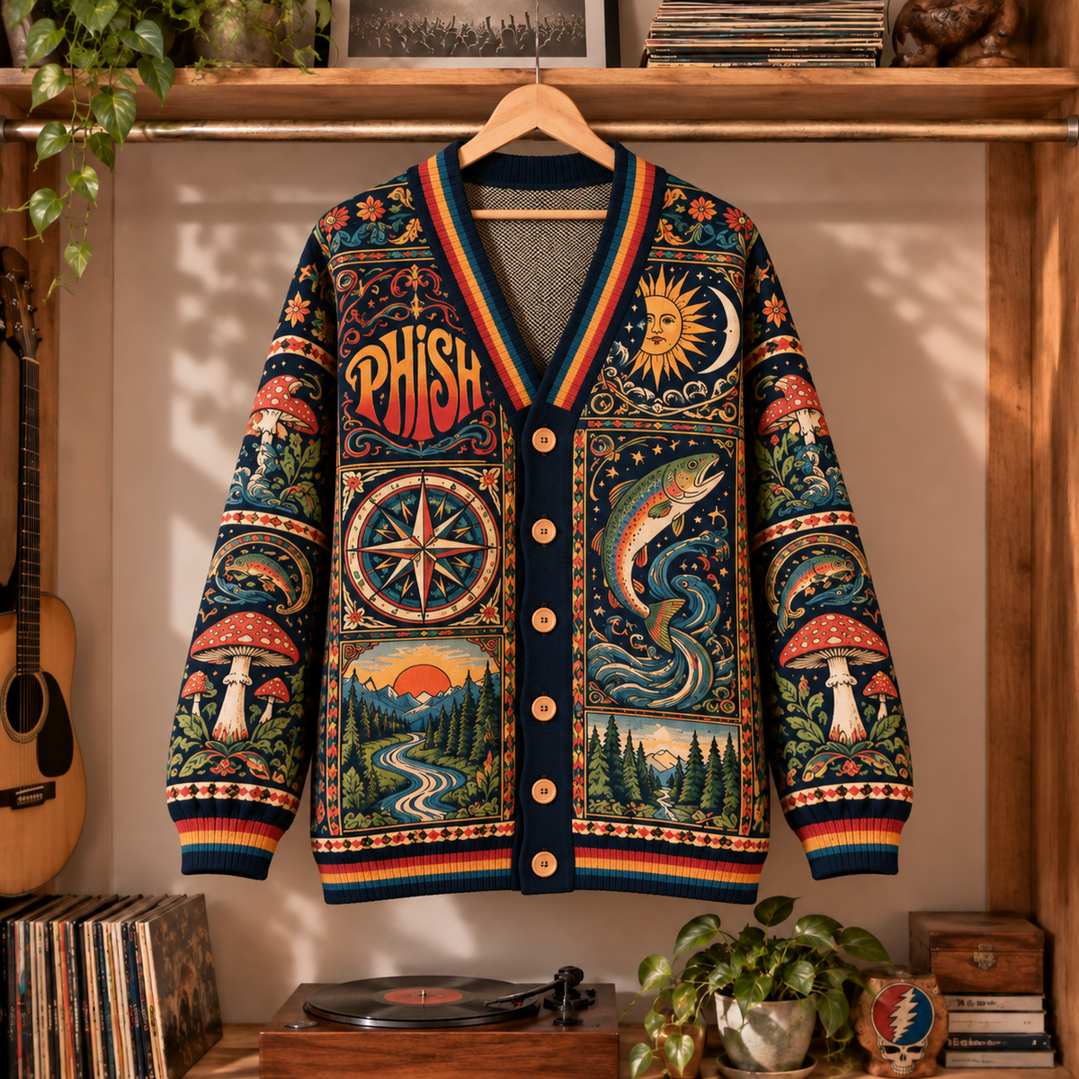 Phish Retro Rock Knit Cardigan - Vintage Style Jam Band Button Down Sweater, Unique Nature Psychedelic Music Merchandise Fan Outfit