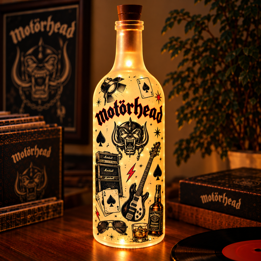 Motörhead Vintage Lighted Bottle Lamp - Premium Heavy Metal Music Merchandise, Snaggletooth & Ace of Spades LED Fairy Light Up Bottle Night Light Decor