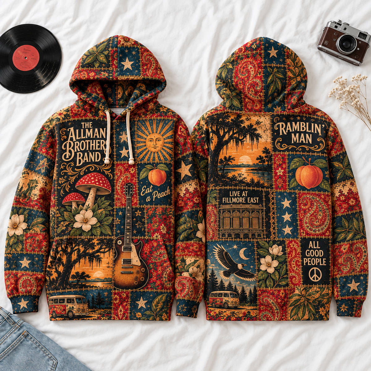 The Allman Brothers Band Patchwork Hoodie – Eat a Peach Vintage Southern Rock Pullover, Retro Floral Graphic Hoodie, Music Fan Gift