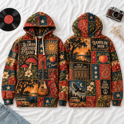 The Allman Brothers Band Patchwork Hoodie – Eat a Peach Vintage Southern Rock Pullover, Retro Floral Graphic Hoodie, Music Fan Gift