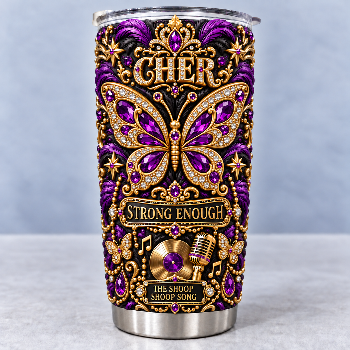 Cher 3D Printed Tumbler - 20oz Stainless Steel Insulated Travel Coffee Mug with Lid - Goddess of Pop Music Merchandise Gift