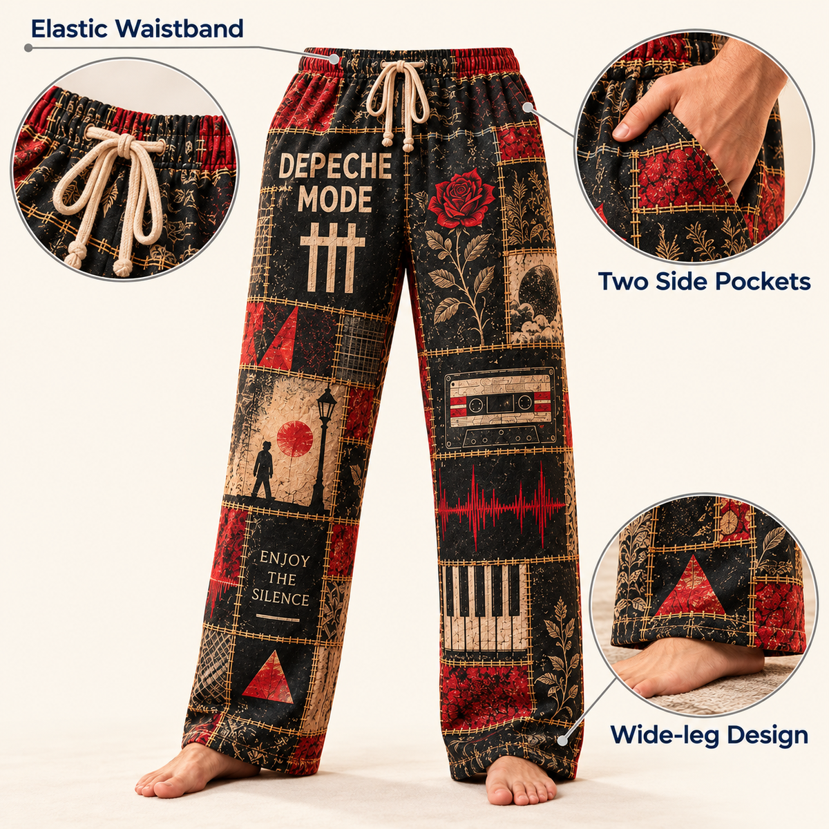 Depeche Mode Rock Band Pajama Pants - Christmas Holiday Lounge Pants, Synth Pop Fan Sleepwear & Gift for Men