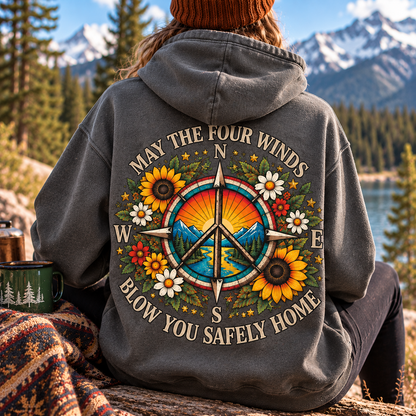 May the Four Winds Blow You Safely Home Hoodie, Grateful Dead Inspired Peace Sign Sweatshirt, Boho Sunflower Hoodie, Hippie Outdoor Gift