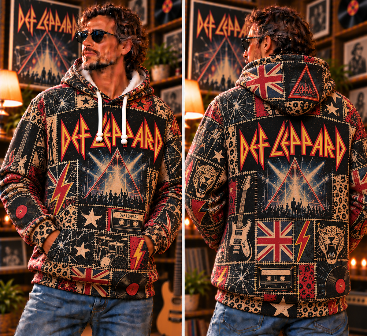 Def Leppard Patchwork Hoodie – Vintage 80s Rock Band Graphic Pullover, Retro British Hard Rock Hoodie, Def Leppard Fan Gift