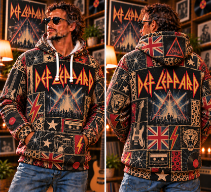 Def Leppard Patchwork Hoodie – Vintage 80s Rock Band Graphic Pullover, Retro British Hard Rock Hoodie, Def Leppard Fan Gift