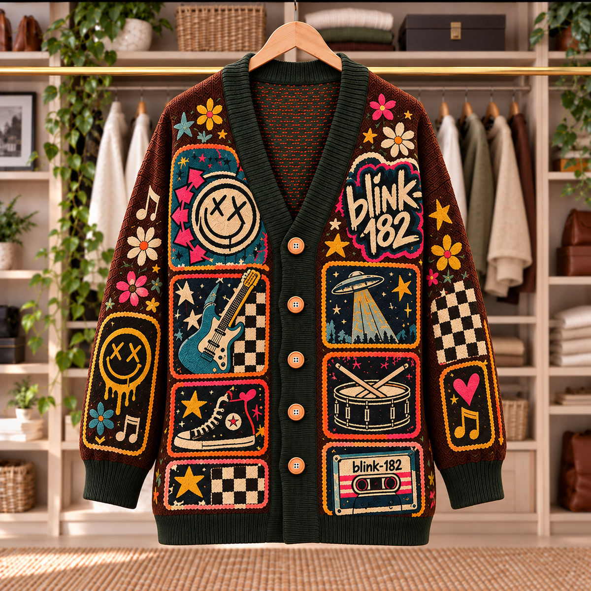 Blink-182 Patchwork Knitted Cardigan - Casual Oversized Button Sweater, Smiley Face UFO Punk Rock Band Fan Gift